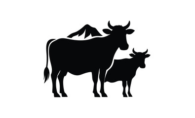 Two alpine cow vector silhouette, two alpine cow vector hand drawn engraving style illustration 