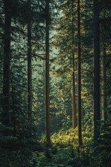 Obraz premium forest in the moonlight, bend old pine trees, wilderness landcape, thick spruce forest, 