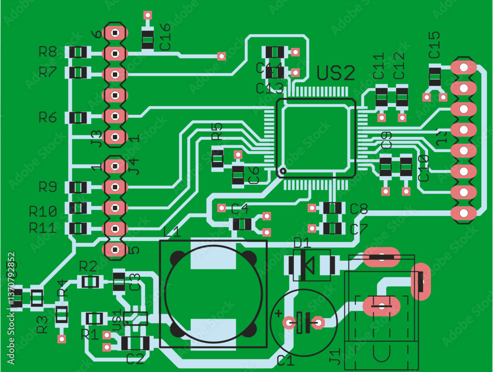 Poster vector printed circuit board of electronic device with components of radio elements, conductors and 