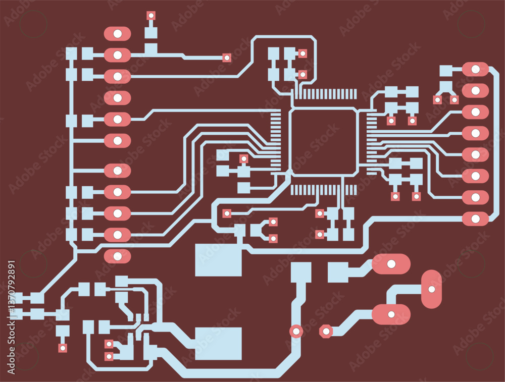 Poster tracing conductors of printed circuit board of electronic device. vector engineering drawing of pcb 