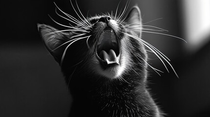 Cat meowing with its mouth open in a close-up shot, showcasing its expressive face and vocal personality. -