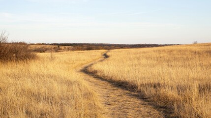Fototapeta premium A serene pathway winds through golden grasslands under a clear sky, inviting exploration and a connection with nature.