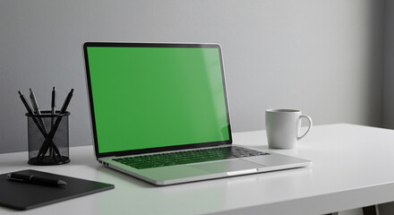 Fototapeta premium Laptop On A White Desk With Green Screen And Office Accessories For Business Concept
