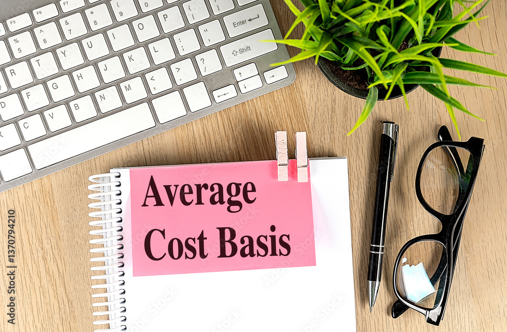 Poster notebook with pink paper note showing average cost basis on wooden desk with keyboard, pen