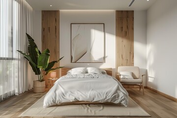 Flawless Picture of White and Wooden Master Bedroom Corner with Poster and Armchair