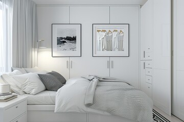 Ultra Quality Image of White Bedroom with a Poster, Closet