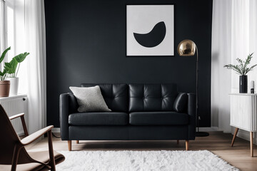 Modern room interior with black leather sofa against the wall