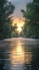 Serene sunrise over calm river water reflecting golden light through lush green trees Tranquil misty morning scene Peaceful nature landscape