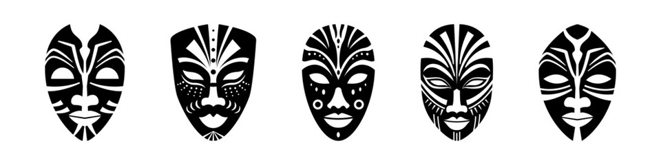 Ritual masks of african and indian tribes set. Voodoo traditional face totem of god demon for religious and traditional ceremonial vector rituals