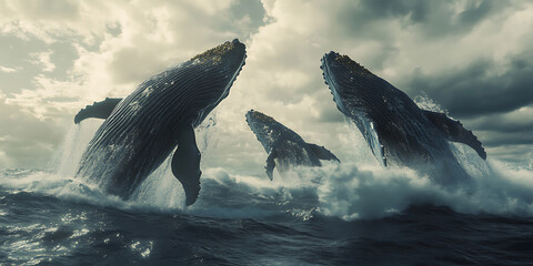 Fototapeta premium Pod of Whales Breaching the Surface of the Ocean Background for Marine Majesty, Deep-Sea Exploration, or Nature Concepts