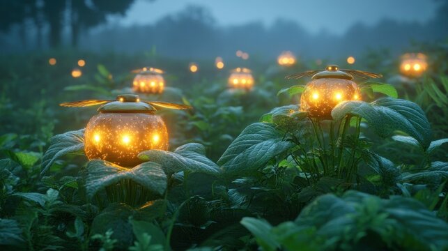 Mystical glowing orbs nestled in dewy foliage