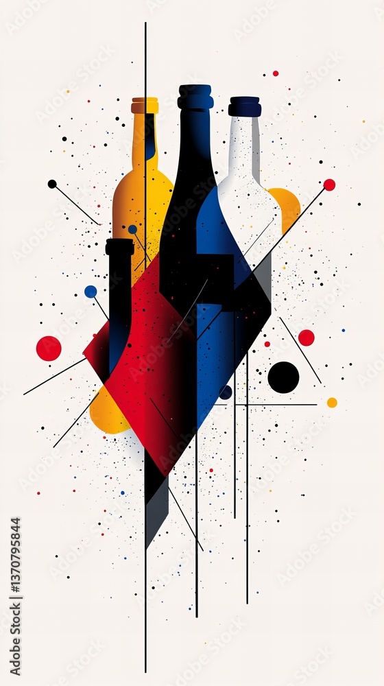 Poster three bottles are depicted in an abstract art style, featuring geometric shapes and colorful dot pat