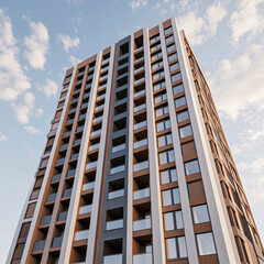 Fototapeta premium Modern residential building reaching towards a clear sky, showcasing contemporary architecture.