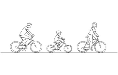 Fototapeta premium Continuous one line drawing of parents and son riding bicycles in a row, family cycling activity concept, single line art