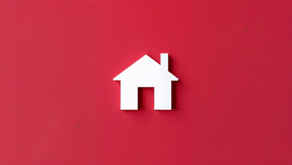 Fototapeta premium A simple white house icon, symbolizing home, dreams, and new beginnings against a vibrant red background.
