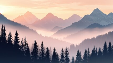 Obraz premium Misty sunrise over fog-covered mountain peaks with tall pine trees in foreground, soft pastel hues of pink, orange, and light blue blending into serene ethereal atmosphere. 