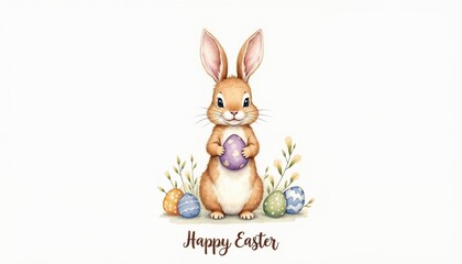 Cute rabbit holding an egg surrounded by Easter decorations  