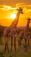 Obraz premium Majestic Giraffes Silhouetted Against a Vibrant African Sunset Wildlife Safari Animals in Golden Hour Light