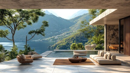 Modern villa terrace with mountain and lake views