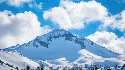 Fototapeta premium A snow-capped mountain peak under a bright blue sky with fluffy clouds.