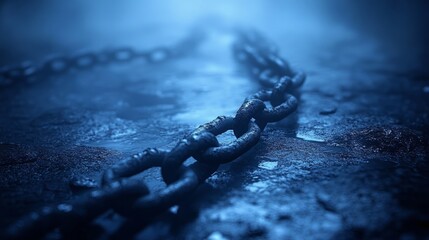 A heavy chain rests on an uneven, dark surface shrouded in mist, evoking a sense of confinement