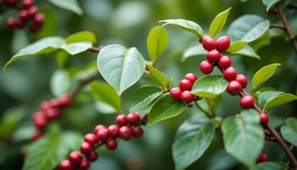 Obraz premium Close-up shot of coffee plants with red and green coffee beans, vibrant green leaves, and a blurred background