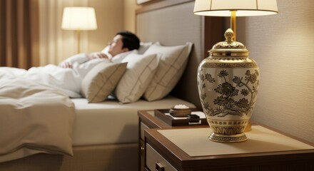 Man sleeping in bed with decorative lamp and vase