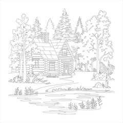 Fototapeta premium Vintage sketch of a house in a forest landscape, village landscape with trees and houses coloring book