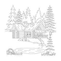 village landscape with trees and houses coloring book