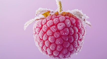 Close-up of a frosted raspberry with pink background showcasing fine details and texture
