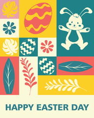 Playful Easter Day design featuring a cheerful bunny, colorful eggs, floral and leaf patterns, and a vibrant patchwork layout in pastel hues. Ideal for greeting cards, banners, and festive promotions.