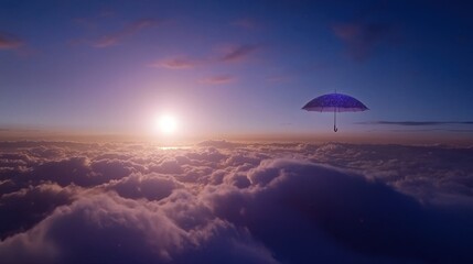 A surreal scene featuring a purple umbrella floating above fluffy clouds with a sunrise in the background.