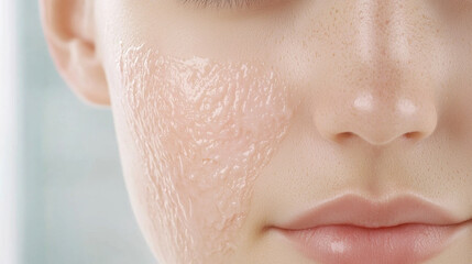Fototapeta premium Smooth skin with gel like mask applied to cheek, showcasing skincare treatment for hydration and rejuvenation