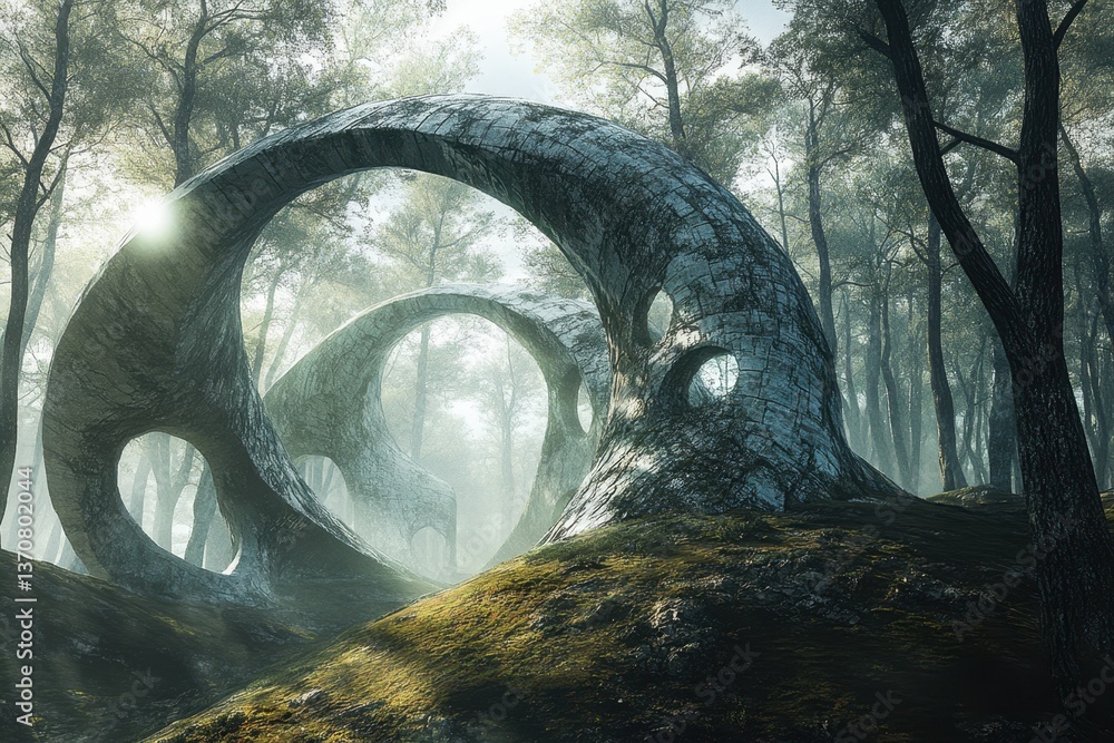 Poster serene forest with unique stone formations creating an ethereal atmosphere at dawn