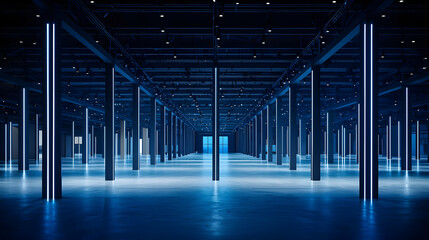 Empty Industrial Interior With Blue Neon Lighting