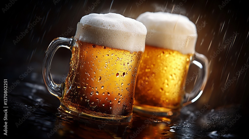Poster two beer mugs filled with frothy beer stand on a reflective surface in a dark setting with falling r