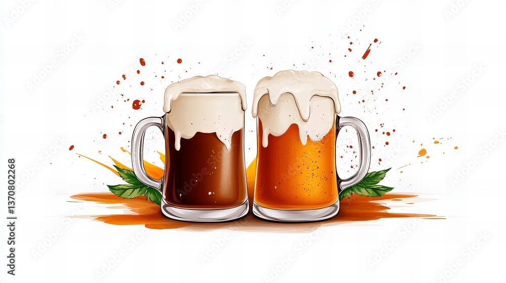 Poster two beer mugs with frothy heads are positioned side by side against a white background with colorful