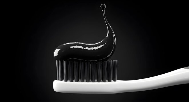 Black activated charcoal  toothpaste dispensed onto black  toothbrush against dark background  