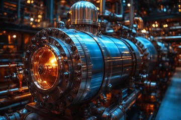 A detailed image of industrial metallic machinery and its components