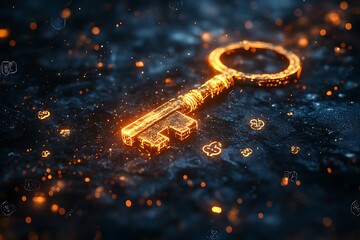 A glowing lock and key with dollar symbols etched into them, floating in a dark space