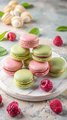 An elegant arrangement of pastel-colored macarons in flavors like pistachio, raspberry, and vanilla, placed on a marble plate. The background is soft and dreamy, highlighting the delicate texture