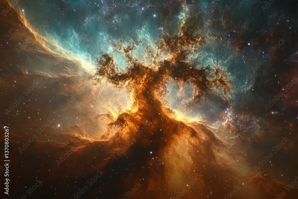 Poster astronomical phenomenon resembling an ancient tree showcases vivid colors in deep space