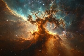 Fototapeta premium Astronomical phenomenon resembling an ancient tree showcases vivid colors in deep space