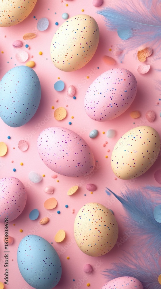 Poster pastel easter eggs with colorful sprinkles on a pink background creating a festive and joyful mood w