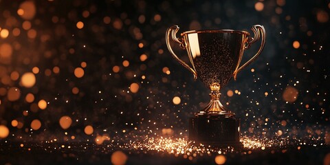 Golden Trophy Amidst Bokeh: An exquisite golden trophy stands in the spotlight, surrounded by a cascade of shimmering bokeh lights, evoking a sense of grandeur and achievement.