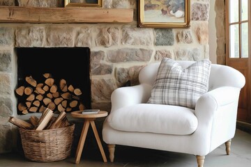 Cozy Fireplace Lounge Interiors with Plush Armchairs and Rustic Decor