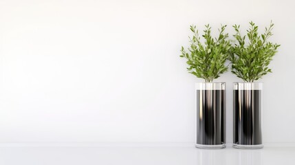 Minimalist plant display. Two small potted plants in modern black vases against a white background