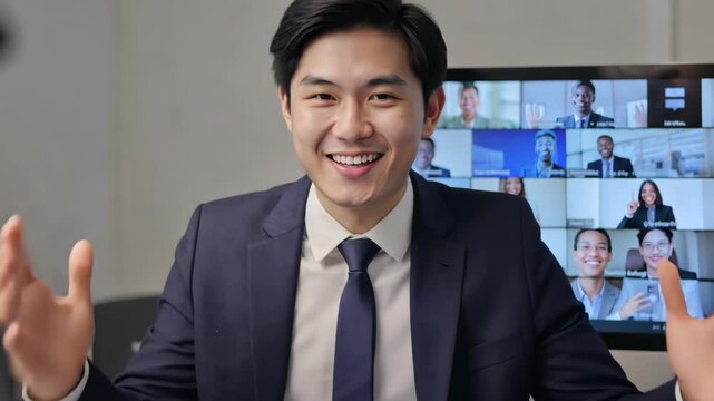 Asian young man in suit smiling while participating in online meeting showing thumb up signifying positivity and cooperation. Teamwork concept and remote communication.