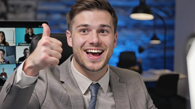 Successful young man in suit smiling while participating in online meeting showing thumb up signifying positivity and cooperation. Teamwork concept and remote communication.