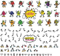 Unique cartoon fruit characters Orange, apple, strawberry, banana, watermelon, lemon, grape, pineapple, dragon fruit, melon, pear, kiwi, papaya, blueberry, coconut, mango, avocado, cherry, guava, etc.